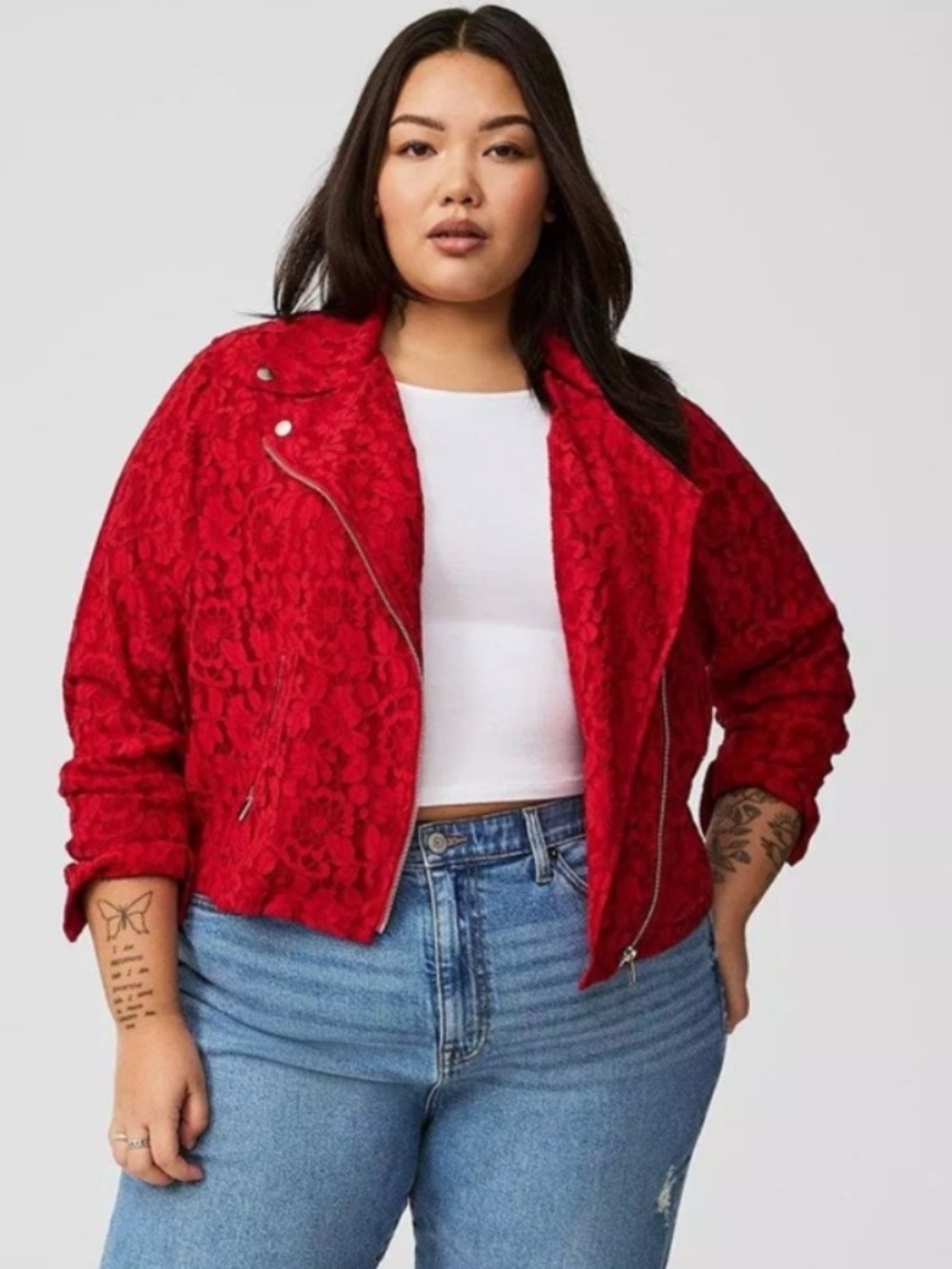 Torrid Lace Moto Jacket Plus Size 2 2X Jester Red Boho Edgy Biker B7
